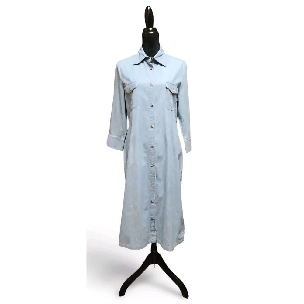 J Peterman Company Modest Size 12 Light Blue Cotton Button-Up Denim Shirt Dress - Picture 2 of 8